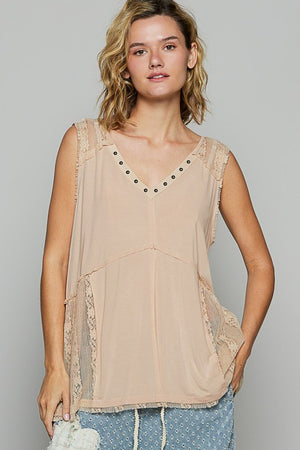 Stylish POL Lace Detail Studded Crisscross Back V-Neck Sleeveless Top in soft peach, perfect for warm weather outfits.