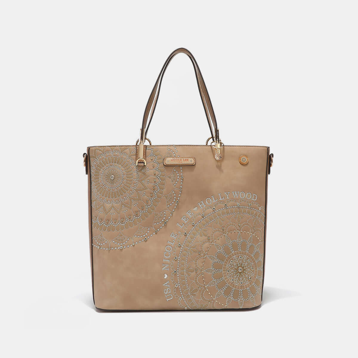 Nicole Lee USA metallic stitching embroidery tote bag with rhinestones, vegan leather, medium size, dual straps, and sleek hardware