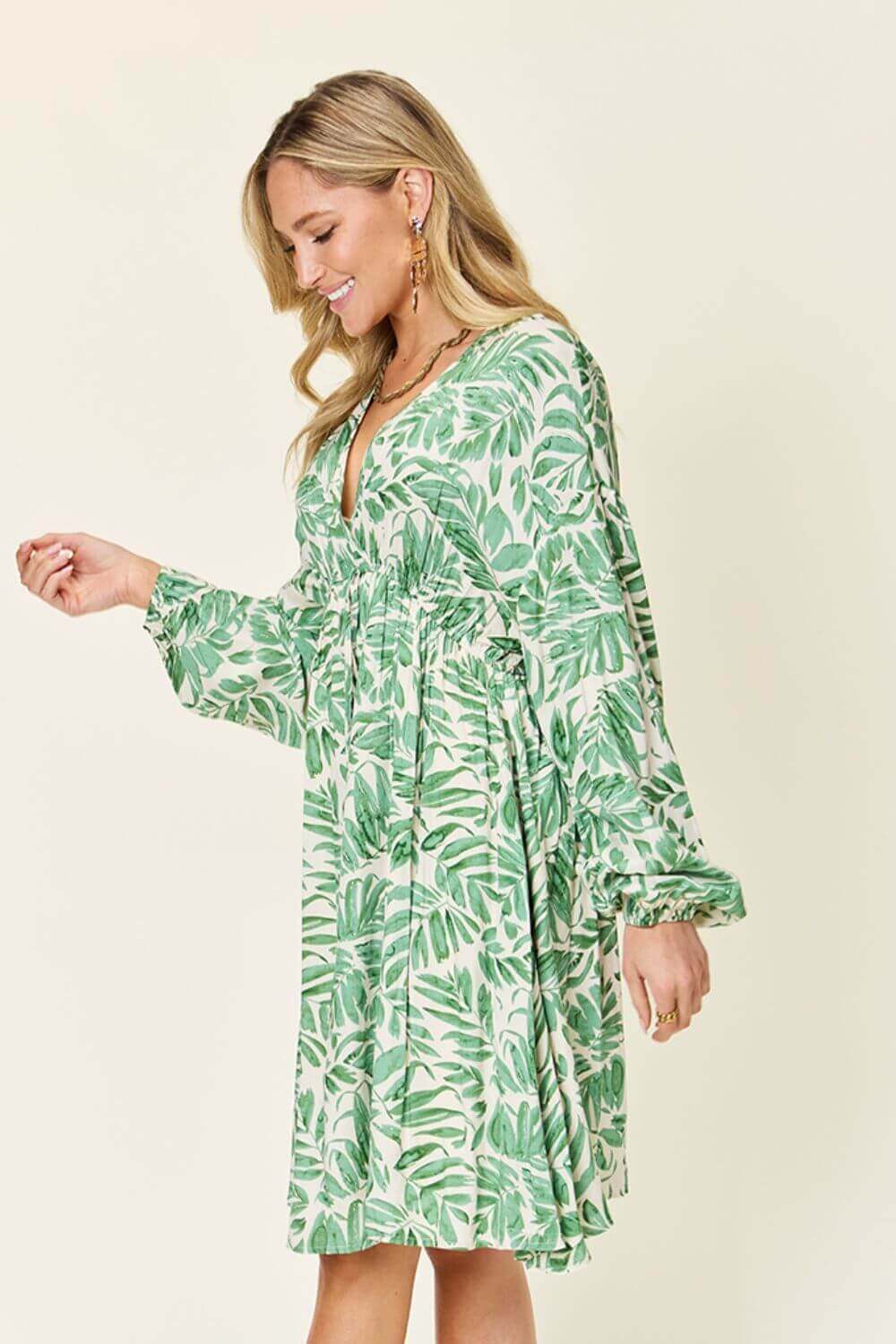 DOUBLE TAKE Full Size Printed Ruched Balloon Sleeve Dress at Bella Road