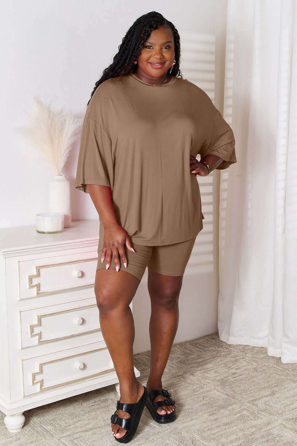 BASIC BAE Full Size Soft Rayon Three-Quarter Sleeve Top and Shorts Set at Bella Road