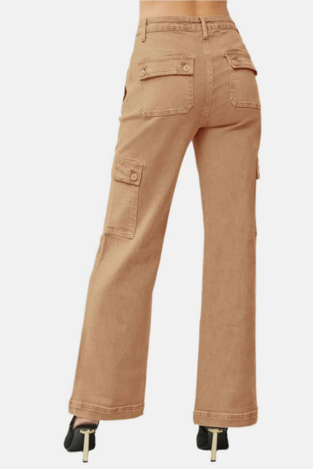 High rise wide leg cargo jeans with pockets, showcasing a trendy and comfortable fit for casual style.