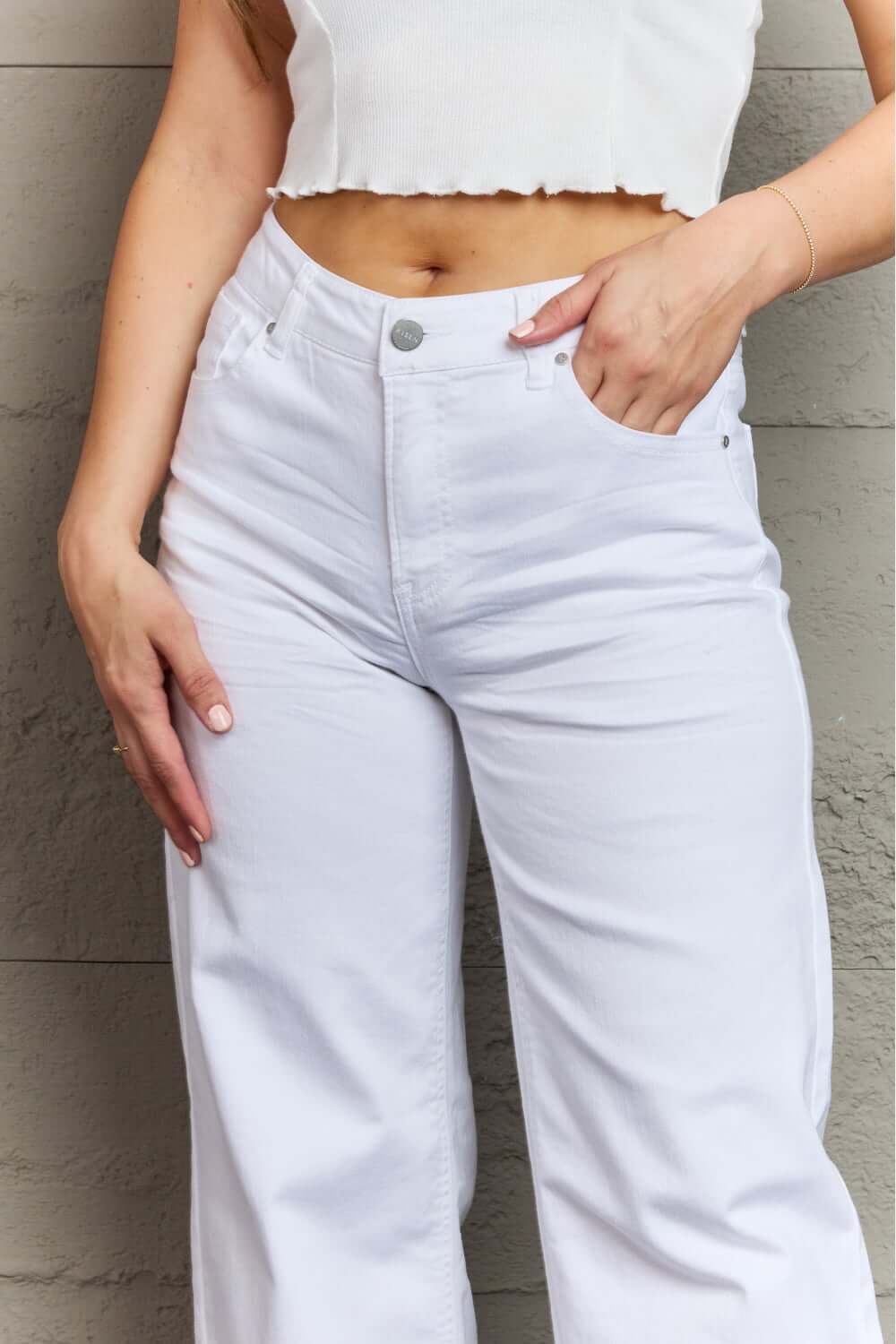 Raelene High Waist Wide Leg Jeans in White from Risen Jeans showcasing chic high-rise fit and retro wide leg design.