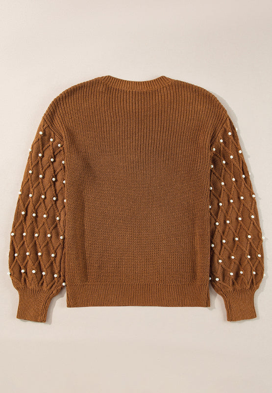 Bella Road sweater with pearl detail, round neck, long sleeves, made of acrylic and cotton, in a warm brown color.