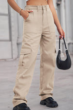 Woman wearing Baeful Long Straight Leg Jeans with Pockets, holding a black handbag, trendy casual chic outfit for all-day comfort