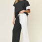 DOUBLE TAKE Full Size Texture Contrast T-Shirt and Wide Leg Pants Set at Bella Road