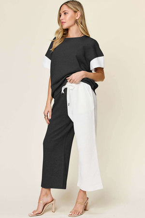 DOUBLE TAKE Full Size Texture Contrast T-Shirt and Wide Leg Pants Set at Bella Road