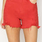 High Rise Distressed Red Denim Shorts by Risen Jeans with frayed hems for a stylish and edgy look.