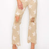 RISEN Full Size High Rise Star Printed Frayed Hem Jeans - Khaki