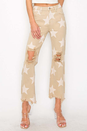 High rise star printed frayed hem jeans with trendy design, showcasing a fun and fashionable look perfect for any occasion.