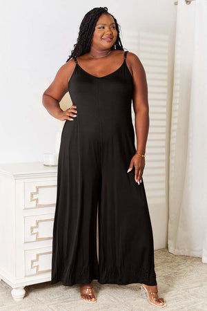 DOUBLE TAKE Full Size Soft Rayon Spaghetti Strap Tied Wide Leg Jumpsuit at Bella Road