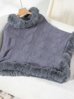 Cozy Bella Road Fuzzy Hem Cable-Knit Poncho in grey, featuring a stylish fuzzy trim for warmth on chilly days.