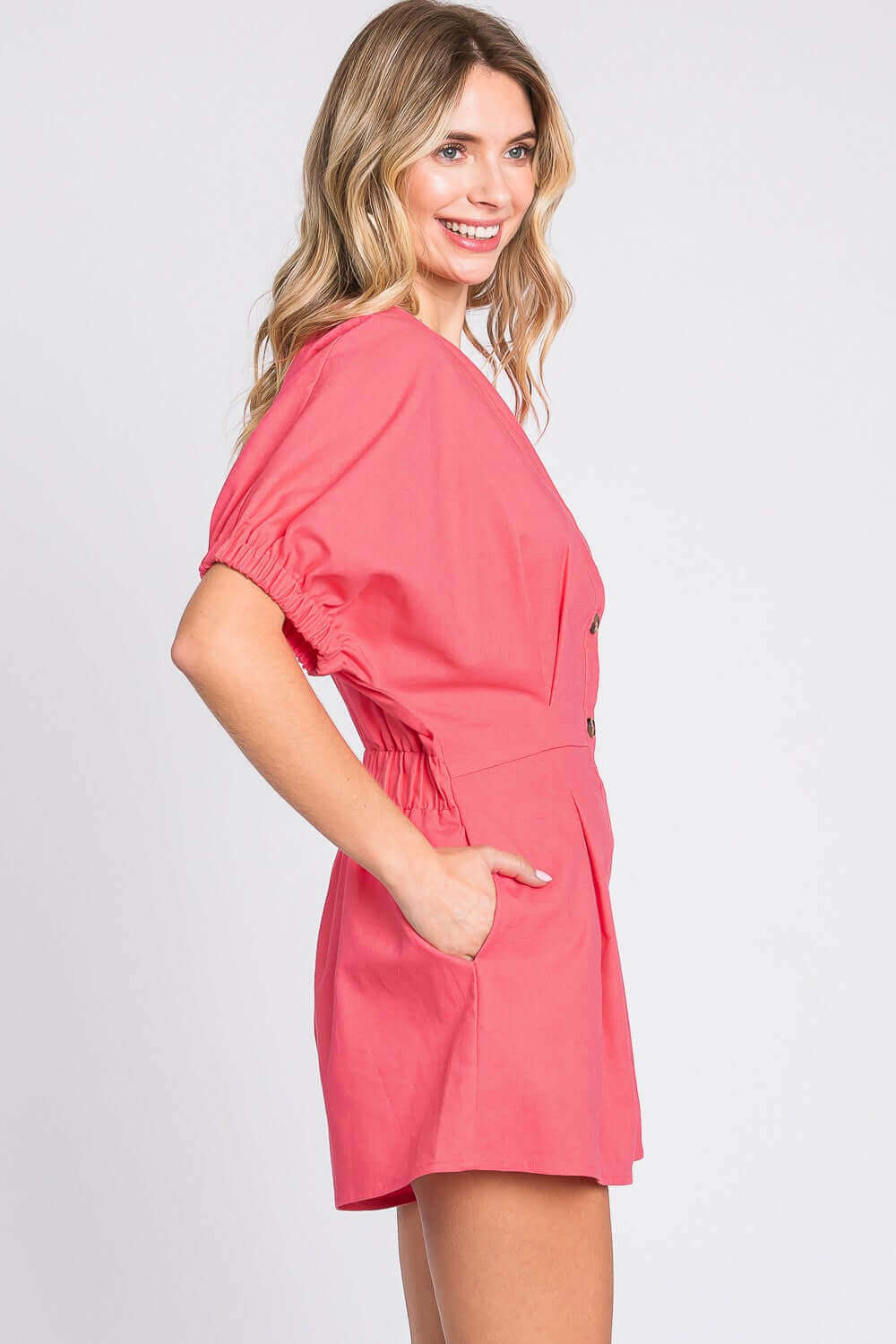 GEEGEE Half Button V-Neck Linen Romper at Bella Road