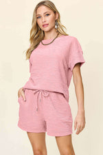 DOUBLE TAKE Full Size Texture Short Sleeve T-Shirt and Drawstring Shorts Set at Bella Road