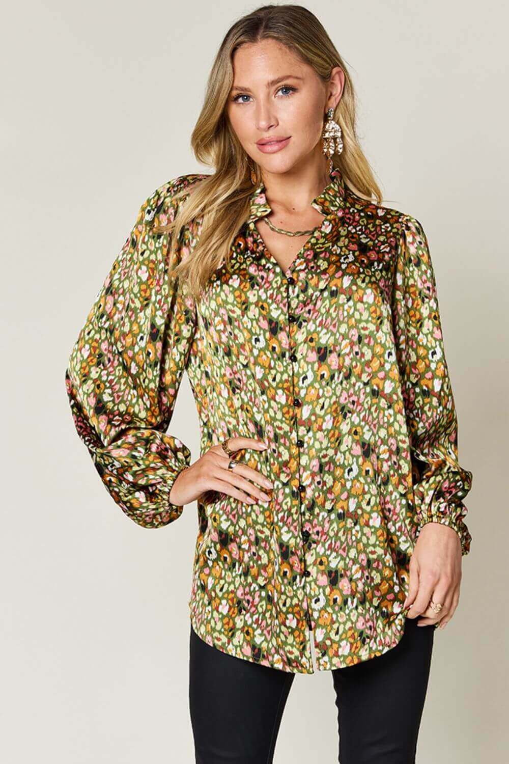 DOUBLE TAKE Full Size Printed Long Sleeve Blouse at Bella Road