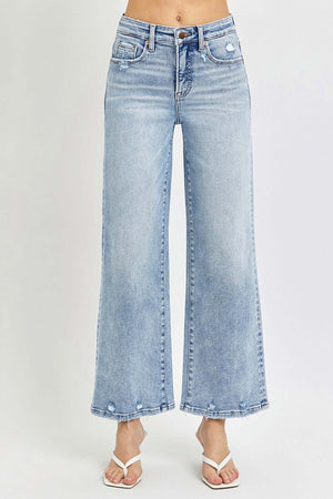 RISEN Full Size Tummy Control High Rise Crop Wide Leg Jeans in light wash, featuring relaxed wide-leg cut and contemporary cropped length.