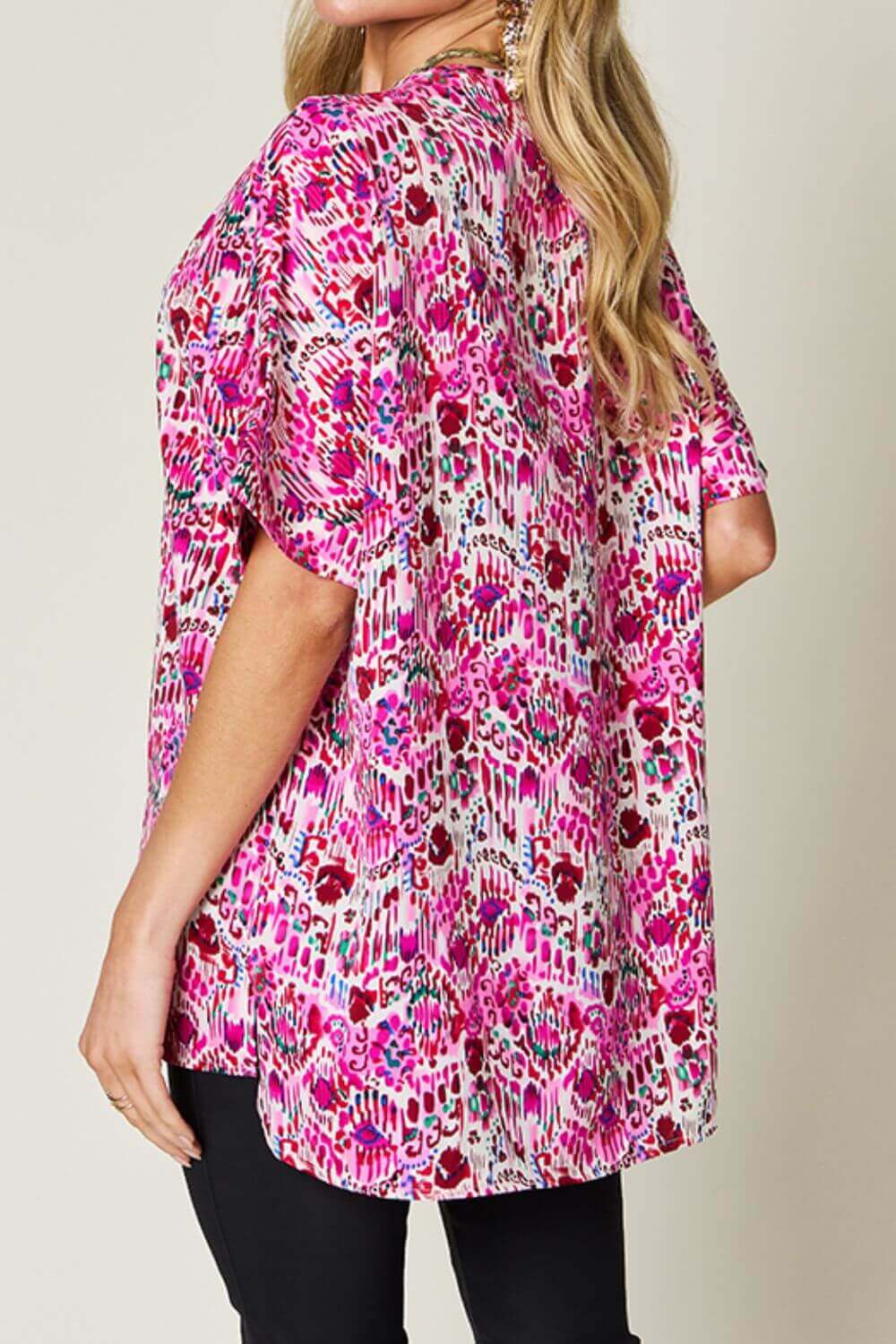 DOUBLE TAKE Full Size Printed V-Neck Short Sleeve Blouse at Bella Road