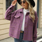 Woman wearing Bella Road Plaid Collared Neck Long Sleeve Jacket in purple with jeans and a black hat.