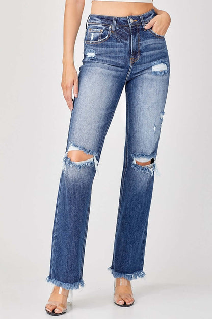 Raw hem distressed straight jeans by Risen Jeans with edgy details and a classic silhouette, perfect for urban chic outfits.