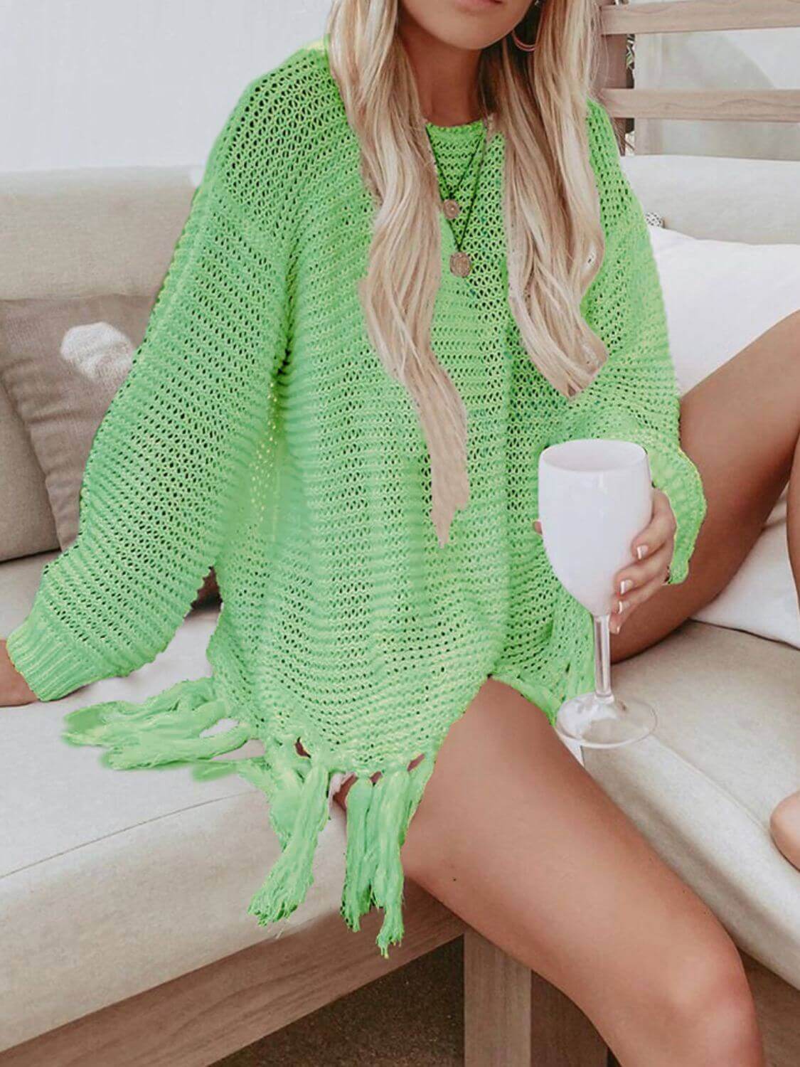 DOUBLE TAKE Openwork Tassel Hem Long Sleeve Knit Cover Up at Bella Road