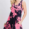 Floral V-Neck Tank Dress with Pockets | Full Size - Navy/Neon Pink