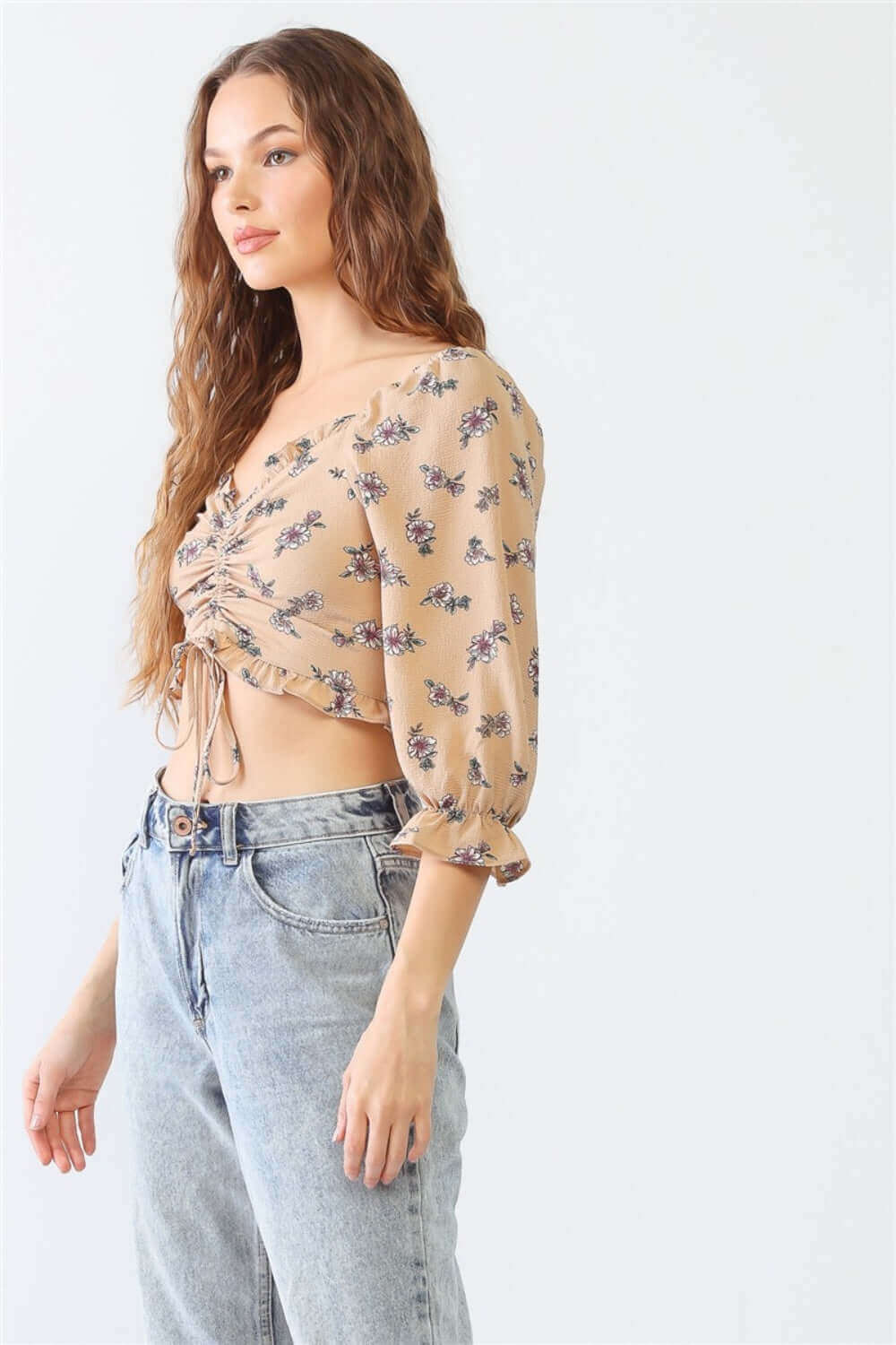 TASHA APPAREL Floral Ruffle Smocked Back Ruched Crop Top at Bella Road