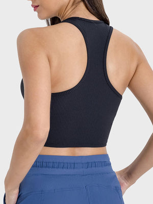 Back view of Millennia Scoop Neck Wide Strap Active Tank, showcasing ribbed fabric and sporty design for active comfort.