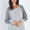 Round Neck Long Sleeve Contrast Top - Heather Grey