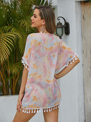 Full Size Tassel Scoop Neck Half Sleeve Cover Up