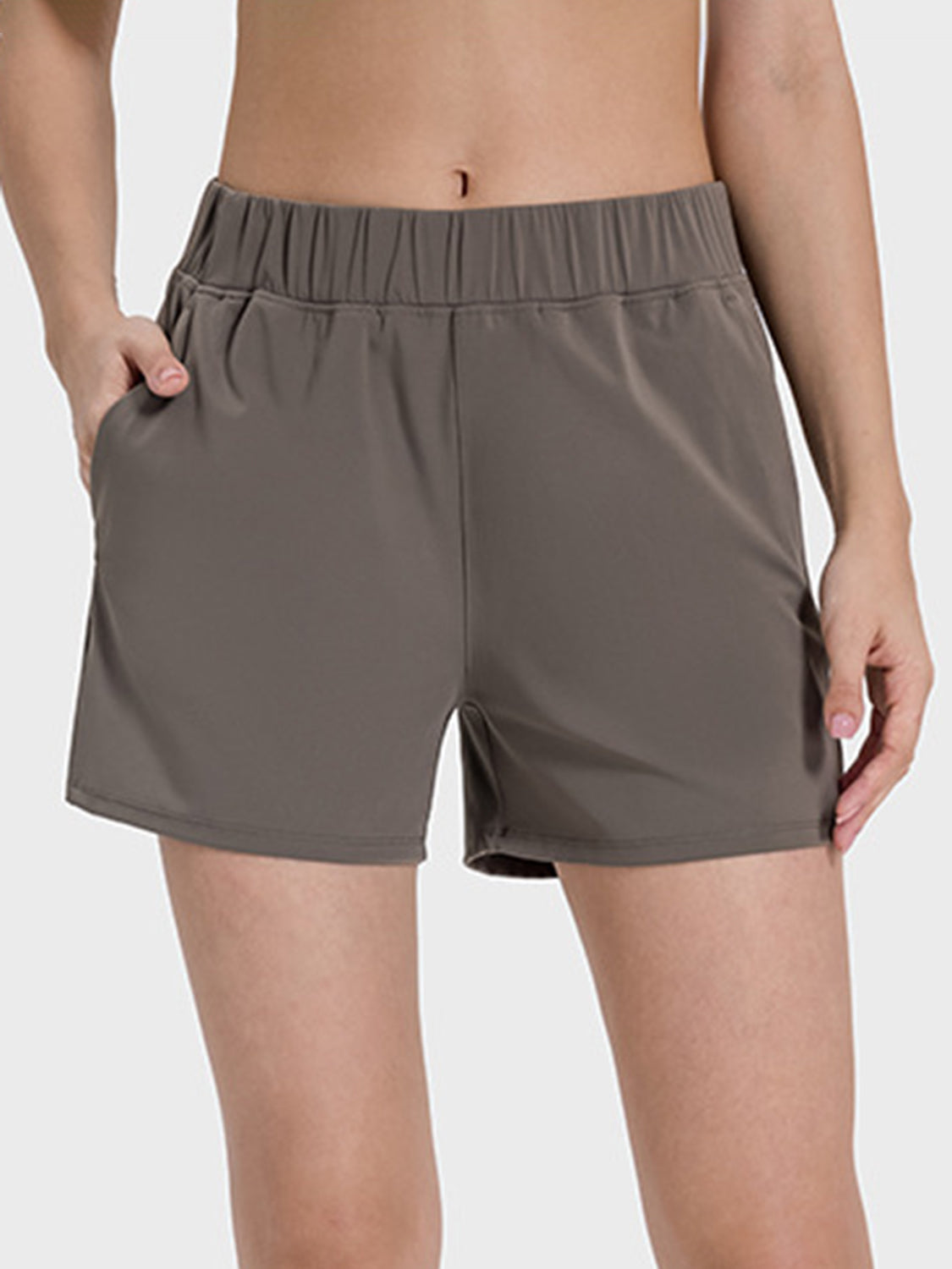 Millennia Elastic Waist Active Shorts in gray, featuring a comfortable stretch and side pockets for active lifestyles.