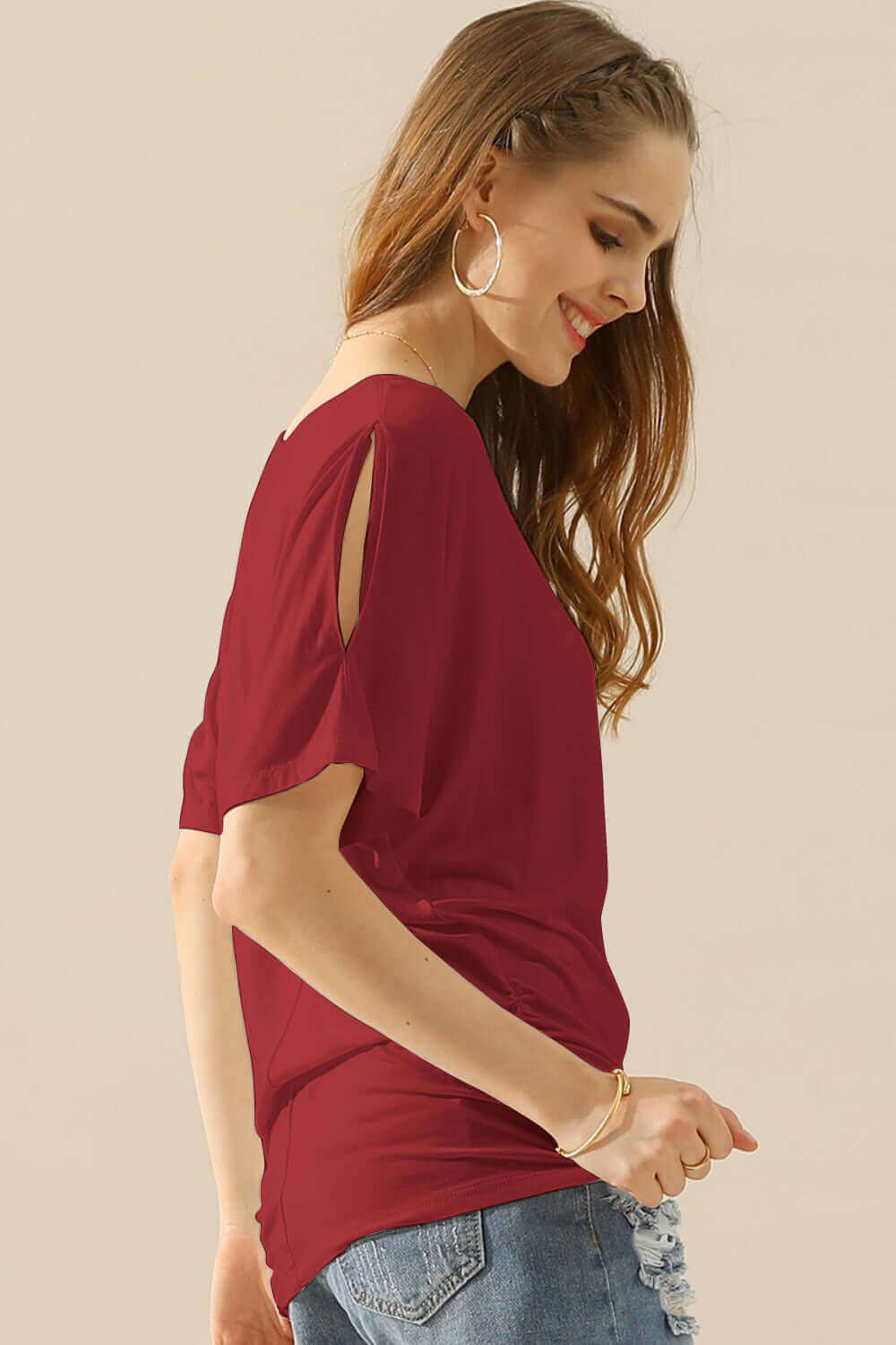 NINEXIS Boat Neck Short Sleeve Ruched Side Top at Bella Road