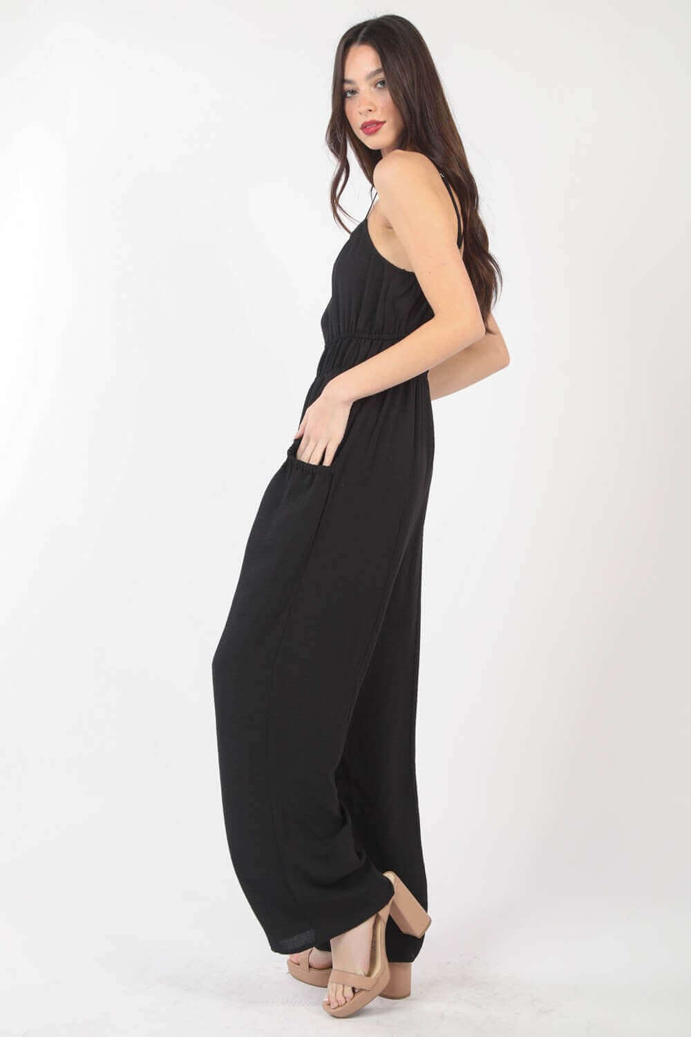 VERY J Pintuck Detail Woven Sleeveless Jumpsuit at Bella Road