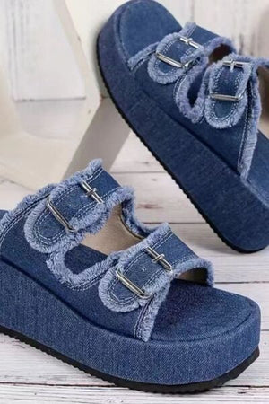 Bella Road denim raw hem wedge buckle sandals for stylish comfort, perfect for elevating any look!