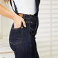 High Waist Classic Denim Overalls by Judy Blue Jeans showcasing button details and side view.