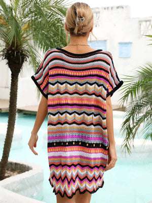 BELLA ROAD Rainbow Stripe Scalloped V-Neck Cover-Up Dress at Bella Road