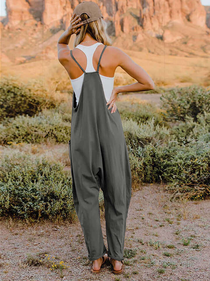 DOUBLE TAKE Full Size Sleeveless V-Neck Pocketed Jumpsuit at Bella Road