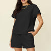 Texture Short Sleeve T-Shirt and Drawstring Shorts Set | Full Size - Black