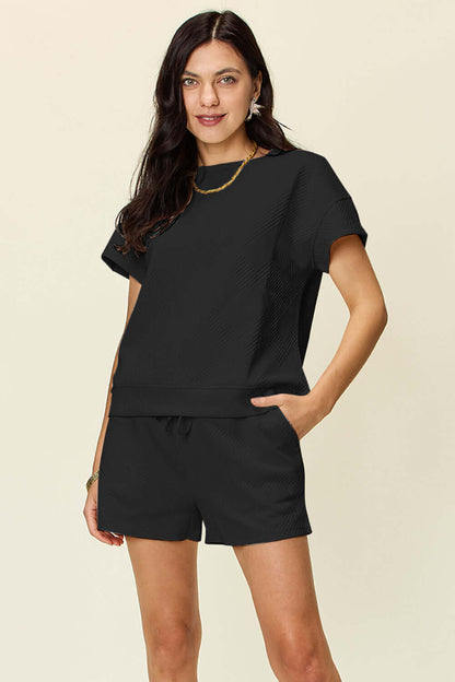 DOUBLE TAKE Full Size Texture Short Sleeve T-Shirt and Drawstring Shorts Set at Bella Road