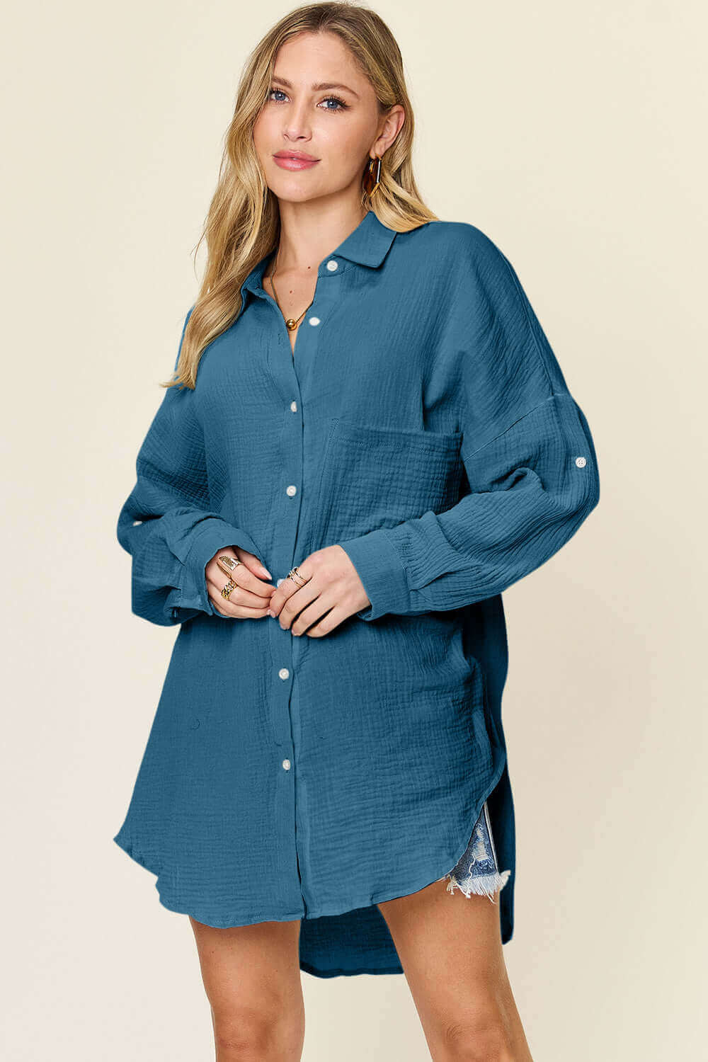 DOUBLE TAKE Full Size Pocketed Texture Button Up Shirt at Bella Road