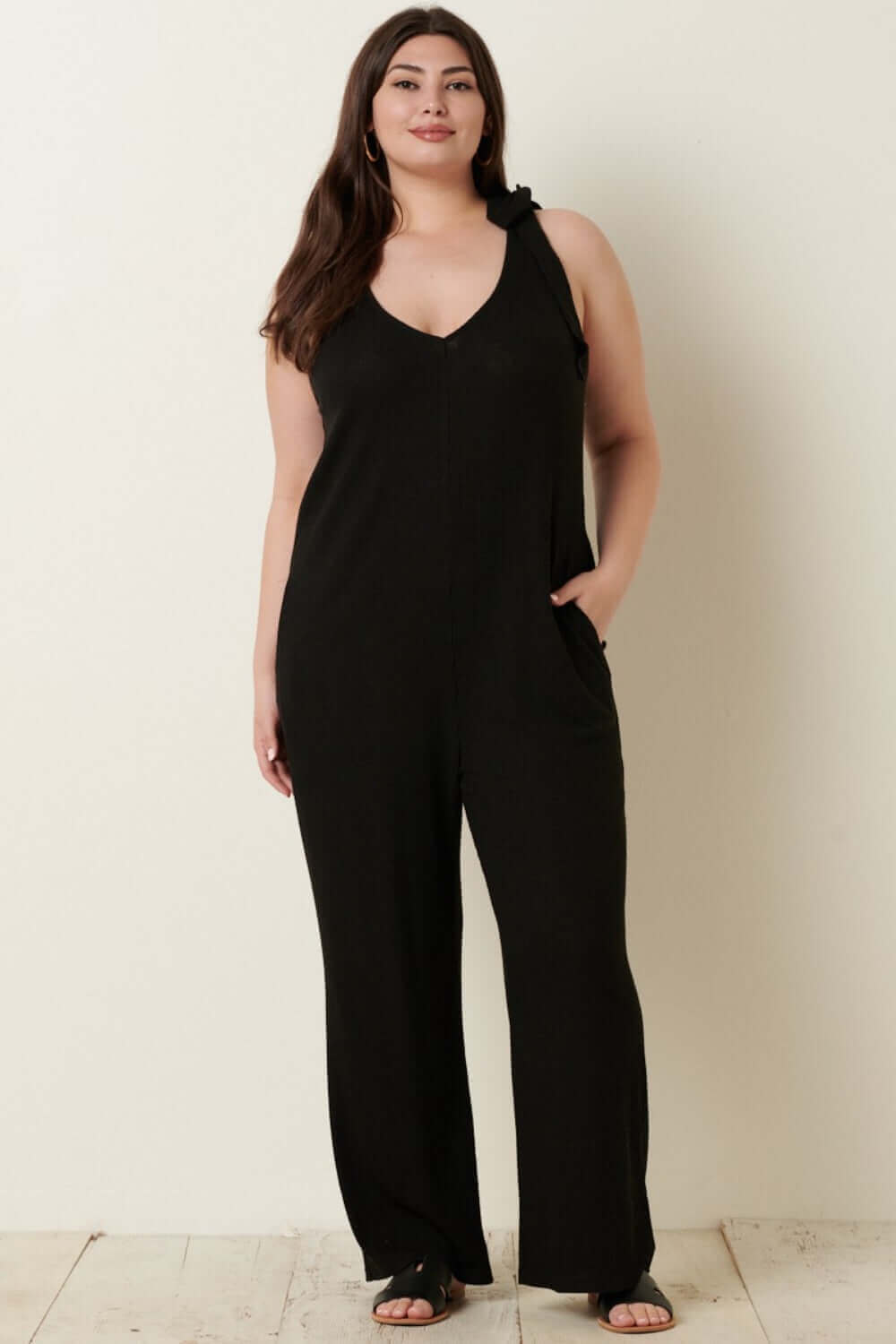 MITTOSHOP Rib Knit V-Neck Cross Back Jumpsuit at Bella Road