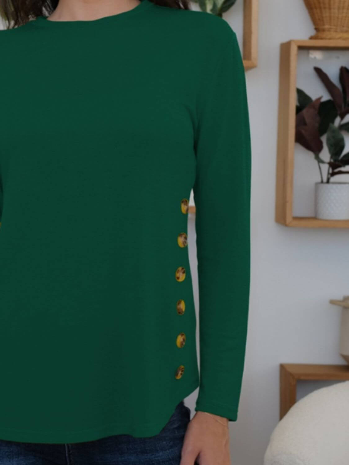 FAM-FAM green round neck long sleeve t-shirt with decorative buttons, perfect for casual style and comfort.