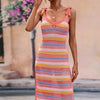 Striped Tie Shoulder Split Cover Up Dress - Coral