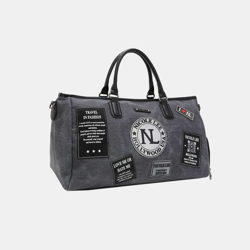 Nicole Lee USA Denim Patch Duffel bag with stylish patches and spacious main compartment, perfect for everyday use or traveling.