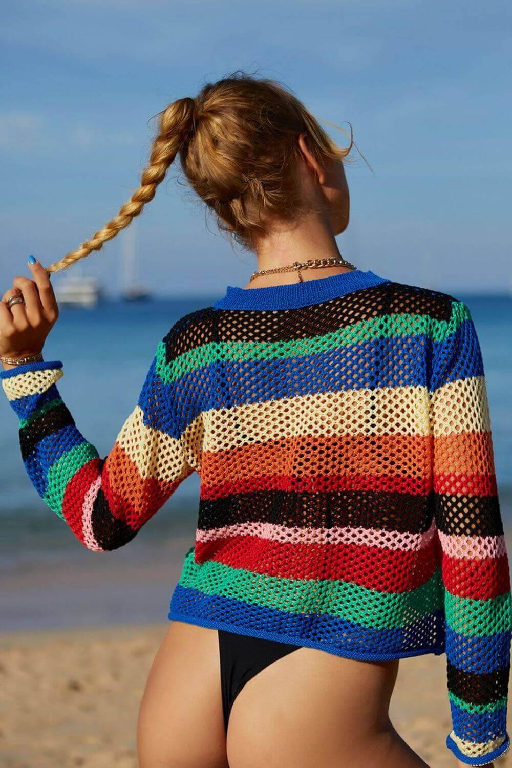 BELLA ROAD Rainbow Stripe Openwork Long Sleeve Cover-Up at Bella Road