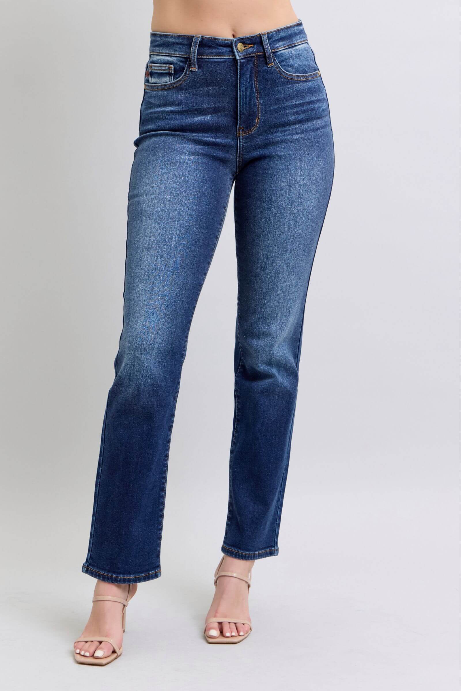 Judy Blue washed straight leg jeans with pockets, with a flattering fit and casual style, perfect for everyday wear.