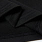 Close-up of the black slightly stretchy round neck short sleeve T-shirt fabric showing detailed stitching and 100% polyester material.