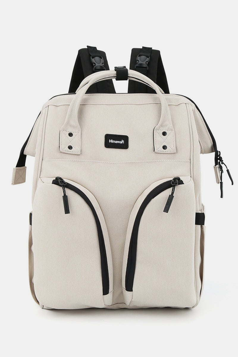 Beige Himawari waterproof backpack with multilayer pockets for organized storage and secure daily commutes.