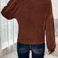 Woman wearing Bella Road Ribbed Round Neck Lantern Sleeve T-Shirt in brown, back view, paired with blue jeans in a casual setting.