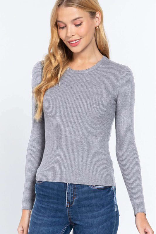 ACTIVE BASIC Full Size Ribbed Round Neck Long Sleeve Knit Top at Bella Road