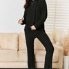 Ribbed Drawstring Hooded Top and Straight Pants Set - Black