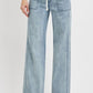 Light blue straight leg jeans with pockets, featuring a drawstring waist, perfect for casual or stylish looks.